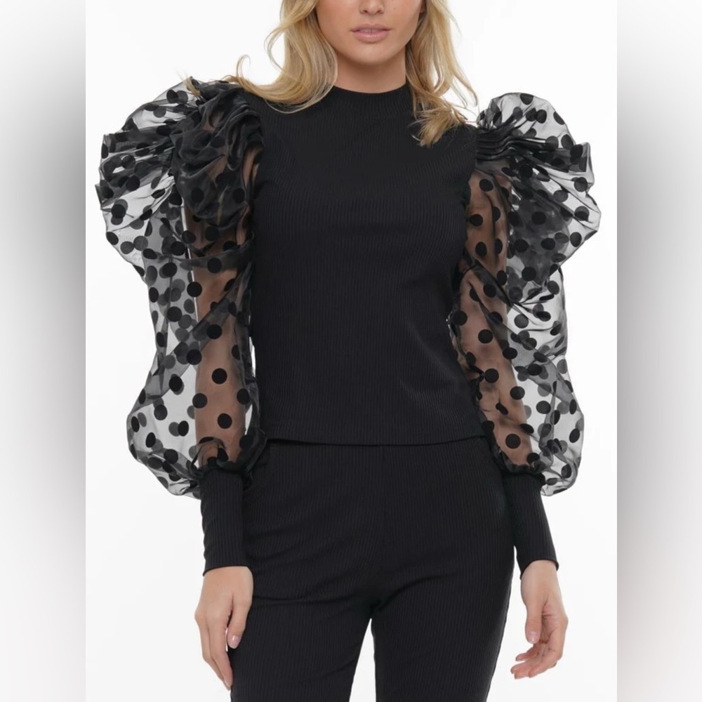 En Saison Elegant Black Polka Dot Sheer Sleeve Top